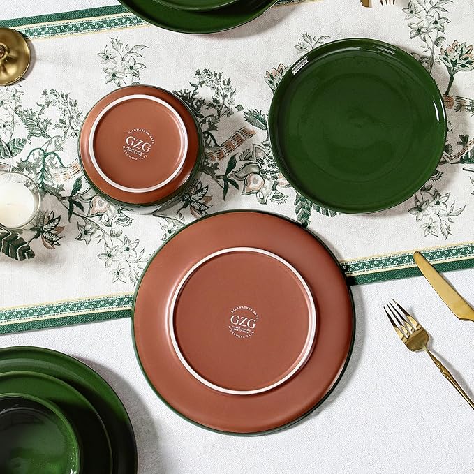 GZG Modern Art Series - 6 Pcs Speckled Stoneware Plates and Bowls Sets, Ceramic Dinnerware Set with Rustic Terracotta Underside, Microwave and Dishwasher Safe Handcrafted Dishes Set - Verdant Green