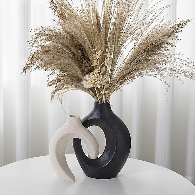 Black and Off-White Vases for Decor, Hollow Ceramic Vase Set of 2, Nordic Minimalist Aesthetic Snuggle Vases, for Table Centerpiece Dining Living Room Book Shelf Decoration (W 6.3" X H 8.4")