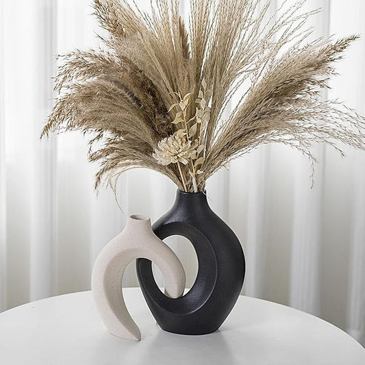 Black and Off-White Vases for Decor, Hollow Ceramic Vase Set of 2, Nordic Minimalist Aesthetic Snuggle Vases, for Table Centerpiece Dining Living Room Book Shelf Decoration (W 6.3" X H 8.4")
