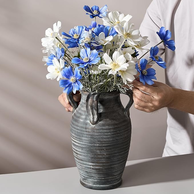 Handmade Ceramic Vase with 4 Handles, 10.83" Tall Farmhouse Rustic Terracotta Flower Vase, Vintage Vases for Home Decor, Wedding, Living Room, Table, Shelf Decor, Black Bronze