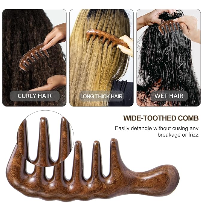 Hair Comb Wooden Wide Tooth Combs for Curly, Natural Golden Sandalwood Thicken Hair Comb for Head Scalp Massager, Detangles Wet or Dry Curly, Thick, Wavy, Anti-static