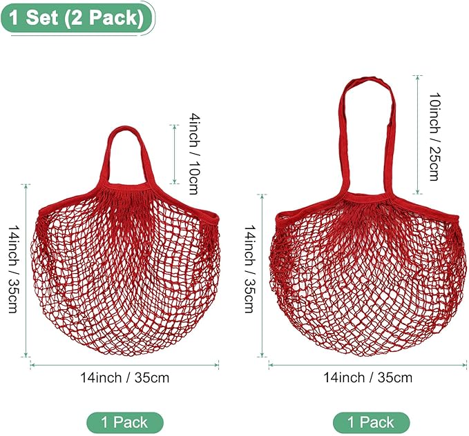 2-Pack Cotton Mesh Bag, Reusable Washable Mesh Net String Grocery Bags, Reusable Produce Bags with Handle, Net Tote Bag for Fruits/Vegetables Shopping [Red, Long&Short Handle]