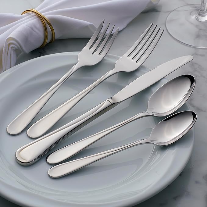 Oneida Silverware Set For 8, Flight 45-Piece Everyday Flatware Set with Serving Utensils, Service For 8, 18/0 Stainless Steel, Dishwasher Safe, Knives Spoons and Forks Set, Dining (Silver, 45 pieces)
