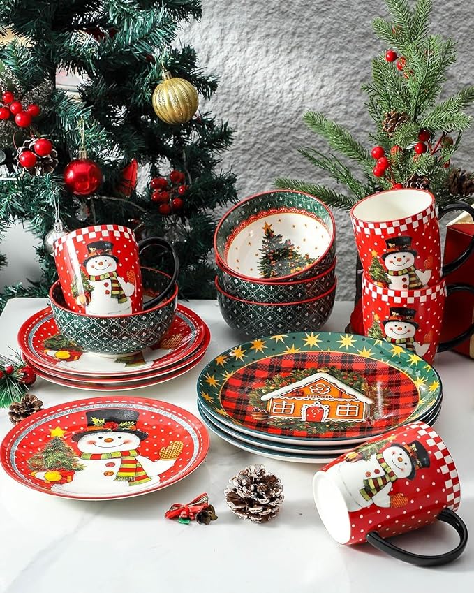 HASENSE 18 Pieces Dinnerware Sets Service for 6, Christmas Plates and Bowls Set, Ceramic Chip Resistant Tableware Dishes Set, Scratch Resistant Microwave and Dishwasher Safe, Multicolor