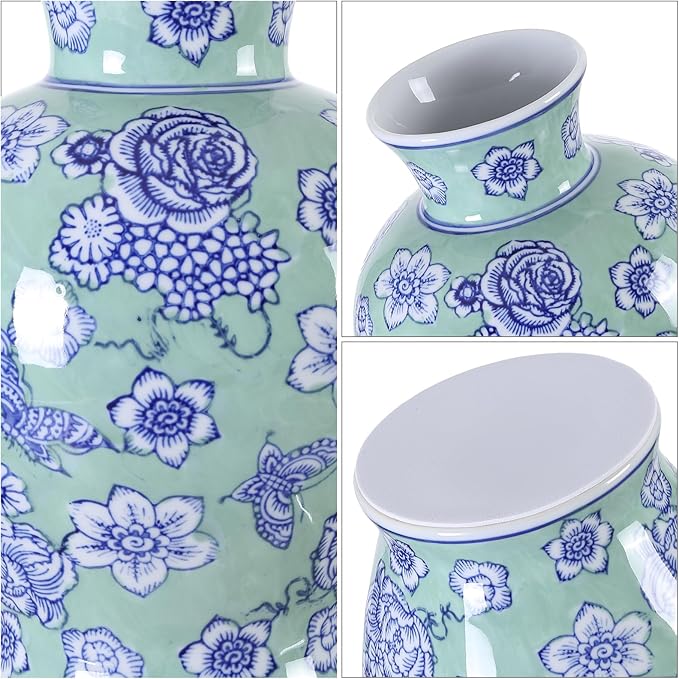 Vintage Chinoiserie Floral Ceramic Vase, Large Rustic Pottery Vases for Living Room, Entryway, Dining Table Centerpiece, Farmhouse Home Décor, Floor or Tabletop Flower Vase, (Green)