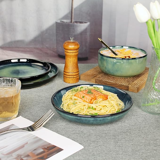 Ceramic Dinnerware Set(16 pcs) Serve 4 people, Plates & Bowls Sets, Reactive Glaze Dishes Set, Chip Resistant and Scratch Resistant, Dishwasher, Microwave Safe, Suitable for dinner, party
