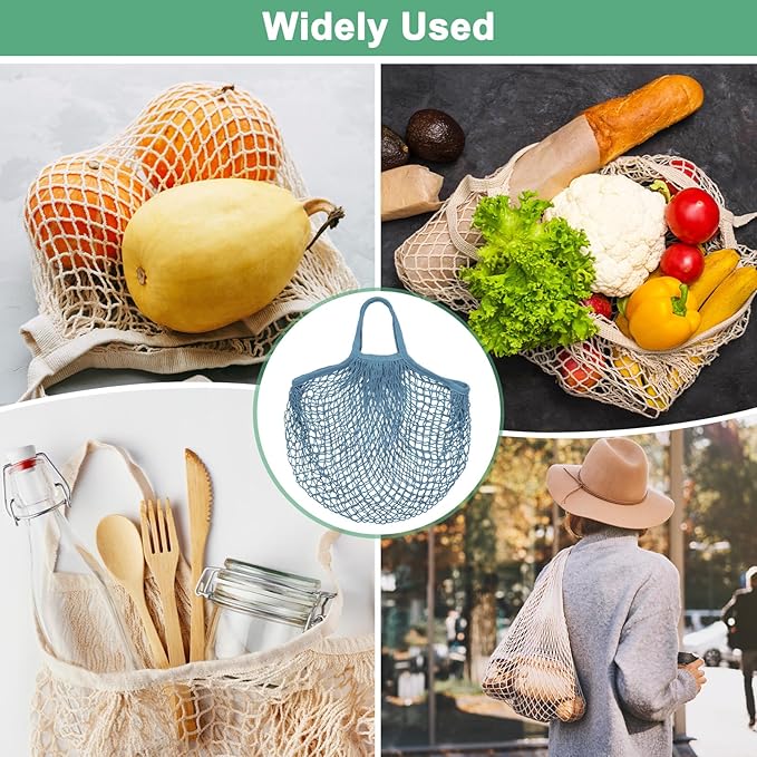 2-Pack Cotton Mesh Bag, Reusable Washable Mesh Net String Grocery Bags, Reusable Produce Bags with Handle, Net Tote Bag for Fruits Shopping [Gray-Blue, Long&Short Handle]