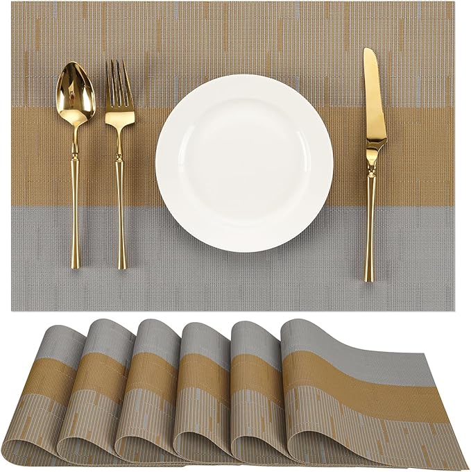 Placemats Set of 6, Vinyl Woven Place Mats Indoor Set of 6 Washable Wipeable PVC Table Mats Heat-Resistant Non Slip Placemat for Kitchen Dining Outdoor Table (Gray Light Brown, Set of 6)