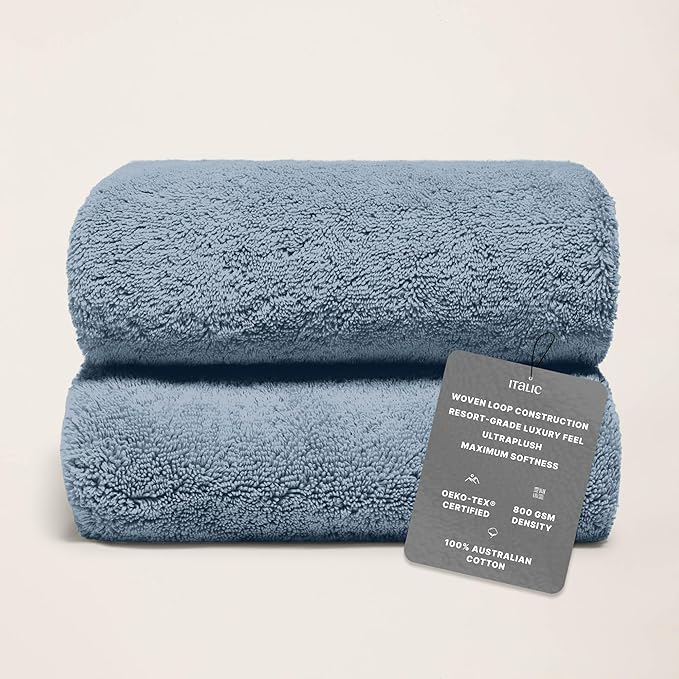 Italic Ultraplush 100% Australian Cotton Towels - Set of 2 Luxury Bath Towels, Quick Dry Plush and Absorbent, Heavy Duty Large Bath Towels, 800GSM for Bathroom & Spa (Glacier)