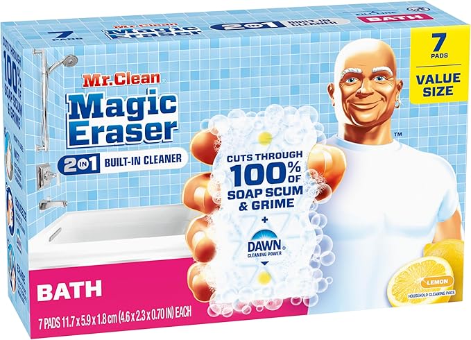 Mr. Clean Magic Eraser Sponge, Bathroom Cleaner, Soap Scum Shower & Tub Cleaner, 2 in 1 Bath, 7ct