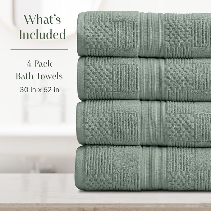 Springtree Home 100% Cotton Bath Towel Set of 4 | Green Bath Towels | Geometric Textured Design | Absorbent & Quick-Dry | 4 Bath Towels | Oeko-TEX® Standard 100 Cotton | Myla Collection - Lily Pad