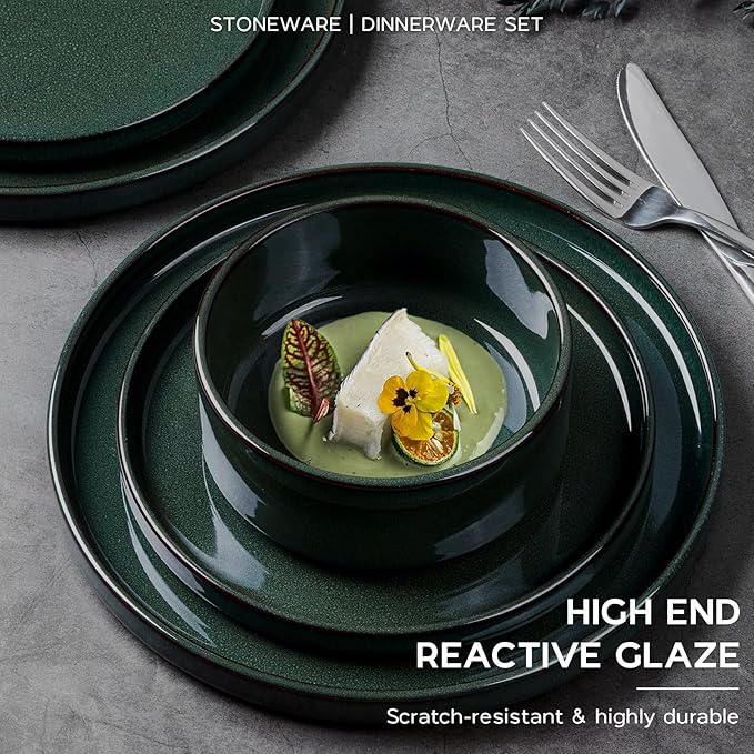 Onader Stoneware Dinnerware Sets for 8, Reactive Glaze Plates and Bowls Sets, Ceramic Dish Dinner Set with Rustic Terracotta Bottom, 24 Piece Elegant Dishware - Emerald Green