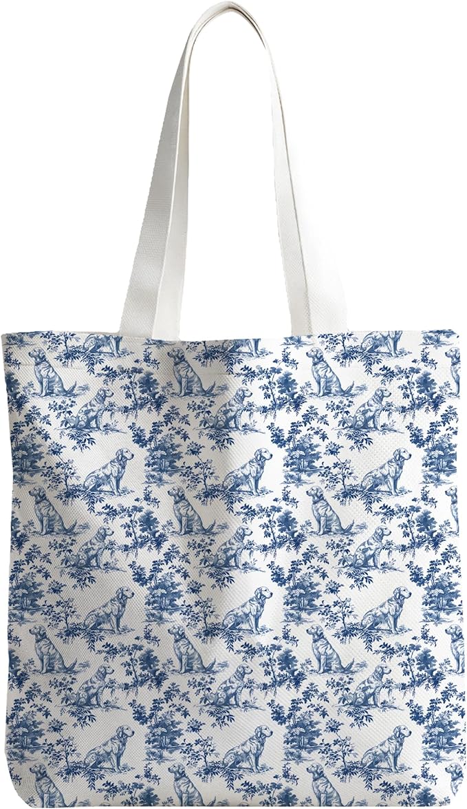 Blue Golden Retriever Tote Bag, Blue and White Chinoiserie Dog Canvas Tote Bags for Women, Grand Millennial Gifts for Women, Vintage Dog Reusable Grocery Shopping Bag