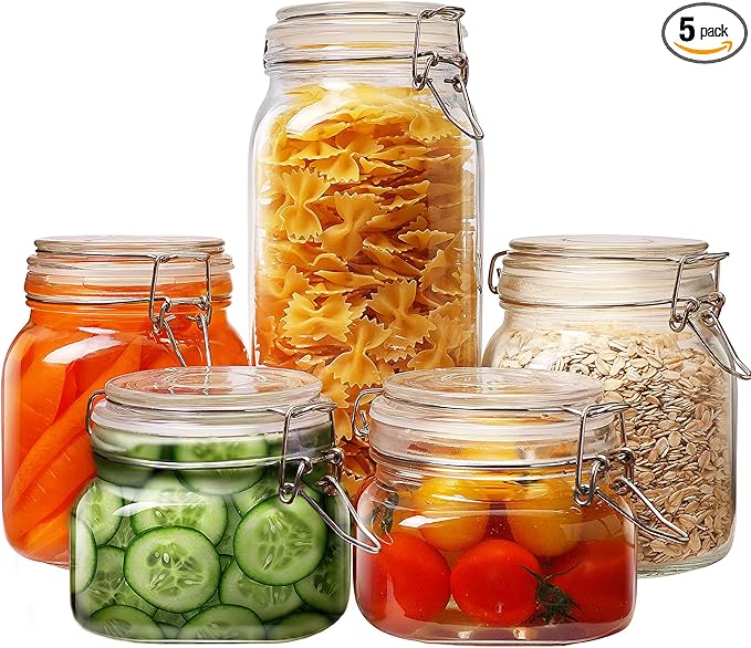 Multi Size - 5 Pack Square Glass Jars with Airtight Lid, Wide Mouth Mason Jars with Clamp Lids, Air Tight Glass Canisters, Best Food Storage Containers for Cereal, Pasta, Rice, Sugar, Coffee, Spice