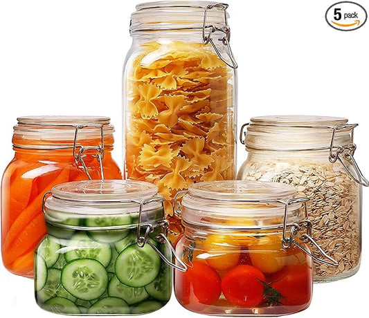 Multi Size - 5 Pack Square Glass Jars with Airtight Lid, Wide Mouth Mason Jars with Clamp Lids, Air Tight Glass Canisters, Best Food Storage Containers for Cereal, Pasta, Rice, Sugar, Coffee, Spice