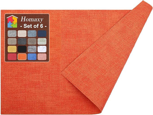 Homaxy Faux Leather Heat Resistant Placemats for Dining Table Set of 6, Waterproof Wipeable Washable PU Table Mats, Easy to Clean Anti-Slip Place Mats, 11.8" x 17", Orange