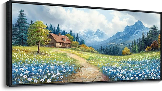 CHATYOUNG Blue Mountains Wall Art, Rustic Forest Flowers Extra Large 32"X71" Wall Picture Path Cottage Landscape Framed Paintings for Living Room Above Sofa Office Bedroom Kitchen Home Decor