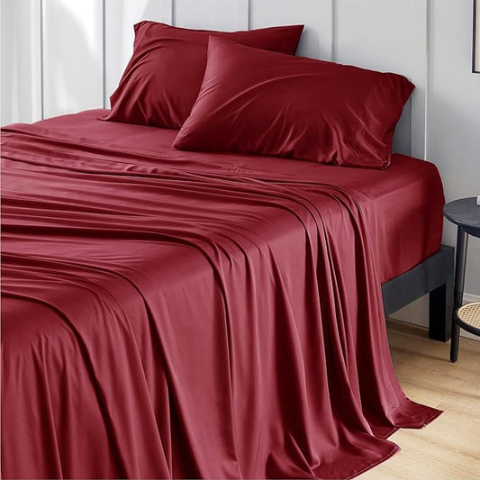 Bedsure Full Size Bed Sheets, Cooling Sheets, Rayon Derived from Bamboo, Breathable & Soft, Deep Pocket Up to 16 Inches, Hotel Luxury Silky Bedding for Hot Sleepers, Burgundy