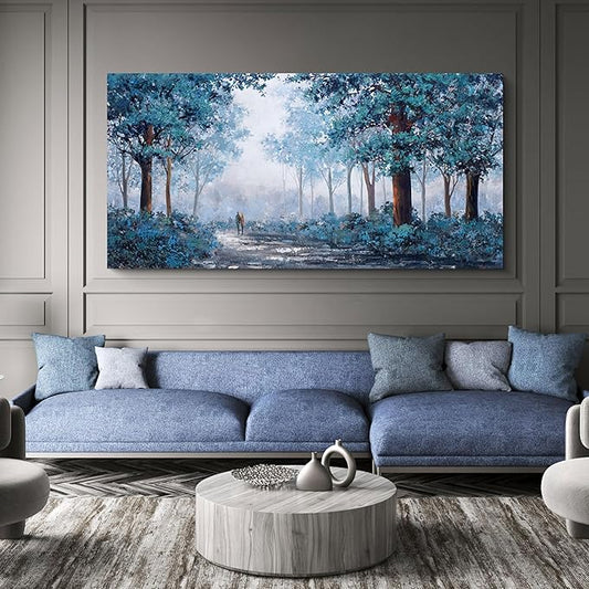 KLAKLA Bedroom Art - Canvas Tree Wall Art for Bedroom Office Home Decor - Blue Picture Artwork for Wall - Blue Leaves Plant Forest Wall Decor