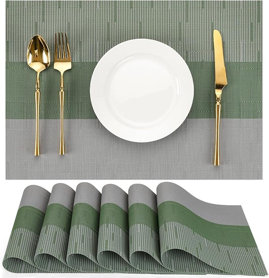Placemats Set of 6, Vinyl Woven Place Mats Indoor Set of 6 Washable Wipeable PVC Table Mats Heat-Resistant Non Slip Placemat for Kitchen Dining Outdoor Table (Gray Sage Green, Set of 6)