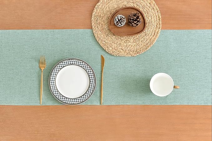 Wracra Linen Style Table Runner, Rustic Farmhouse Christmas Red Table Runners 60 Inches Long, Handcrafted Table Runner for Fall, Winter - Everyday Use and Machine Washable, Light Green 60"