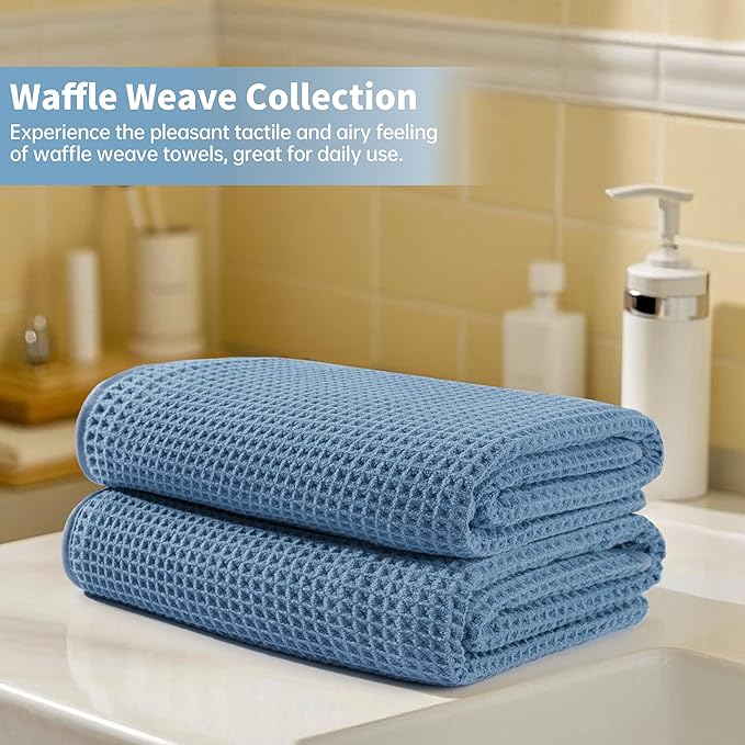 Microfiber Waffle Bath Towels, 4 Pieces, Soft, Absorbent, Fast Drying, Lint Free (Blue)