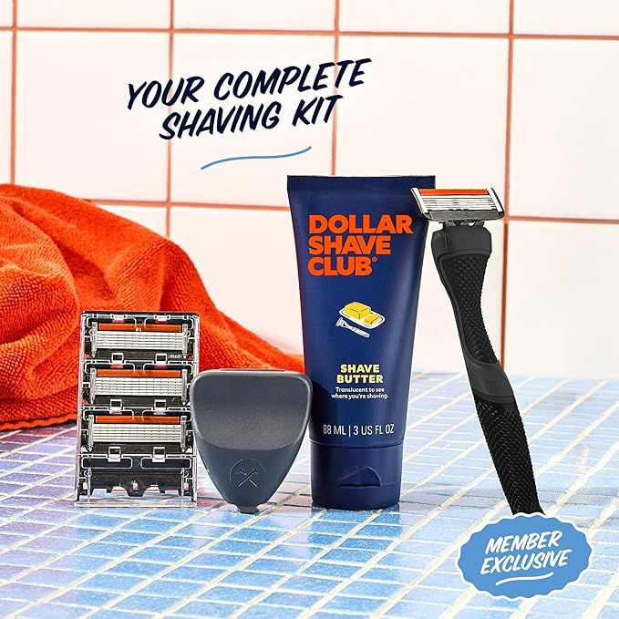 Dollar Shave Club | The Member Exclusive Shave Set | 4 Extra Close Refill Cartridges, 1 Handle (Black), 1 Shave Butter 3 ounce, 1 Razor Cover, Razors for Men