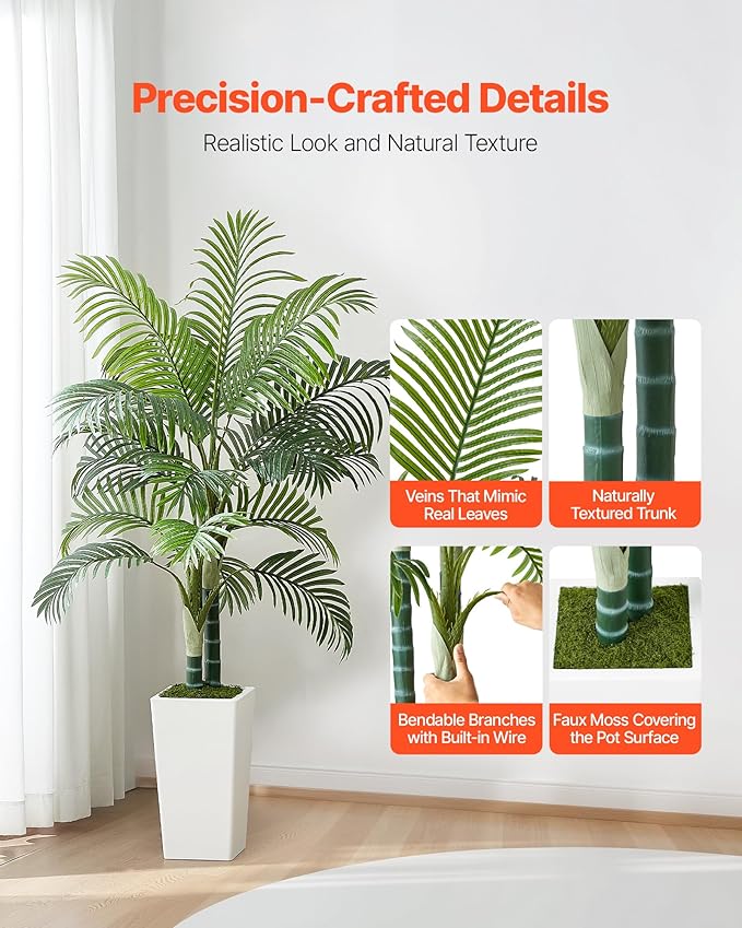 VEVOR Artificial Areca Palm Tree 5 ft, Fake Palm Tropical Plants with White Tall Planter, Faux Floor Silk Plant in Pot, Large Trees for Home Office Living Room Decor House Warming, Indoor Outdoor