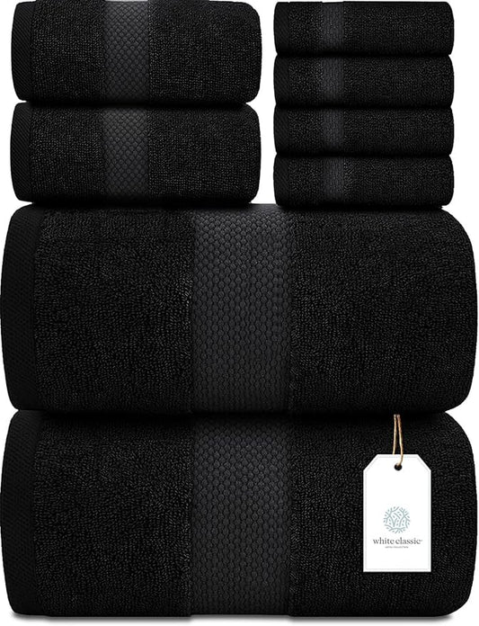 White Classic Luxury Bath Towel Set of 8 Pieces - 100% Turkish Cotton Highly Absorbent Towels for Bathroom, 2 Luxury Bath Towels 700GSM, 2 Hand Towels, 4 Washcloths, Black
