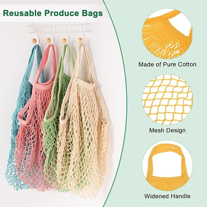 1-Pack Cotton Mesh Bag, Reusable Washable Mesh Net String Grocery Bags, Reusable Produce Bags with Handle, Net Tote Bag for Fruits/Vegetables Shopping [Yellow, Short Handle]