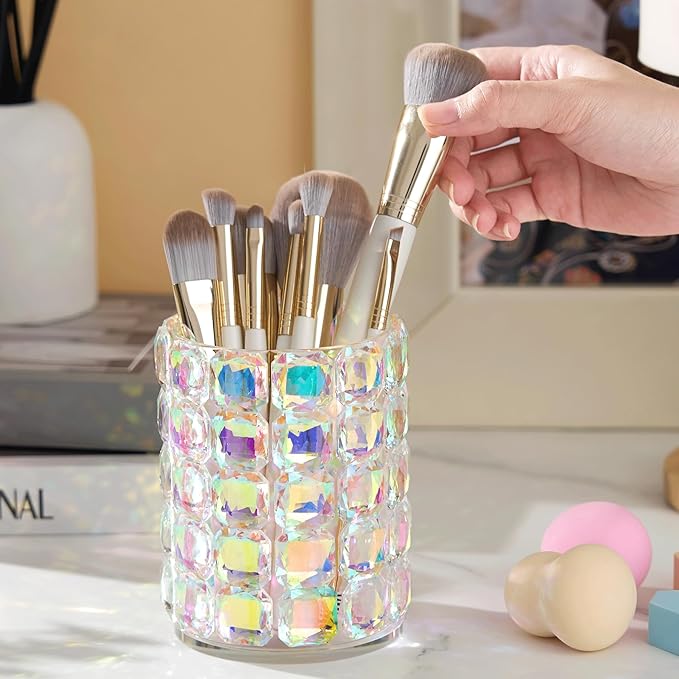 Crystal Makeup Brush Holder Organizer,Vanity Bathroom Canisters,Glass Toothbrush Holders for Bathroom,Pen Holder for Office,Bling Vanity Organizer and Storage