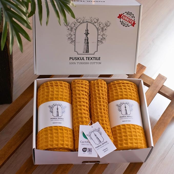 PÜSKÜL - Premium Waffle Towel Set 4 Pieces Mustard - Organic 100% Turkish Cotton Quick-Dry Towels for Bathroom Made in Turkiye (Mustrad Yellow, Towel Set - 2 Hand & 2 Bath Towels)