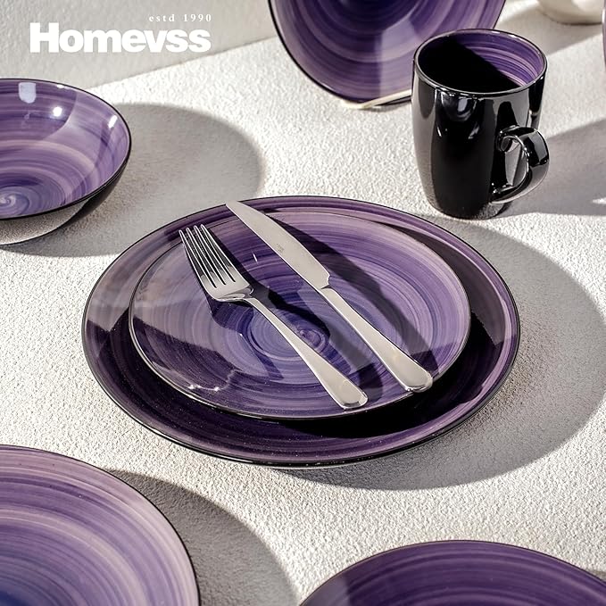 Sonoma 16-Piece Dinnerware Set - Serves 4, Black and Speckled Purple Plates & Bowls Set | Microwave & Dishwasher Safe, Spinwash Purple