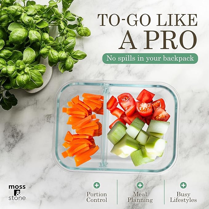 Moss & Stone 4-Pack Divided Kitchen Glass Food Storage Containers Set with Lids – Reusable 2-Compartment Glass Meal Prep Containers for Kitchen, Lunch or Fridge, Airtight Snap-Lock – 2 Sizes Included