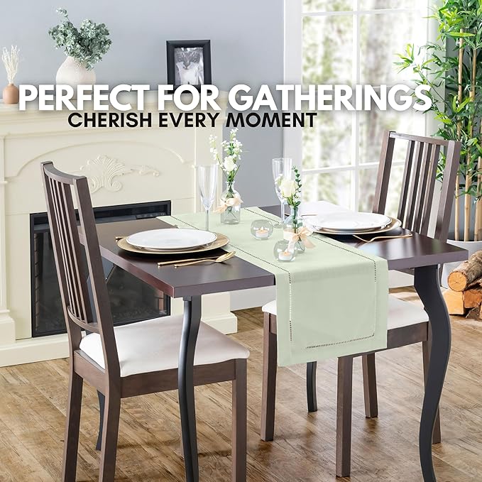 Sage Green Table Runner with Hemstitch – Light Green Runner for Farmhouse Decor, Rustic Dining Table, Dressers, and Home Decoration (14 x 108 Inches Long)