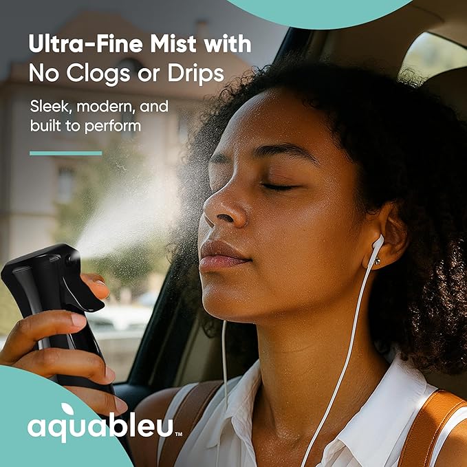 Aquableu Spray Bottle for Hair – Continuous Mist Spray Bottle for Hair Care, Styling, Cleaning, Plants, Pets & Essential Oils (Black, 6.76oz/200ml)