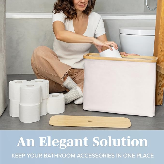 LONBET Toilet Paper Storage for 12 Rolls, Stackable & Foldable - The Ultimate Bathroom Organizer - Waterproof Basket with Bamboo Lid - Elegant Toilet Paper Storage Holder, Beige