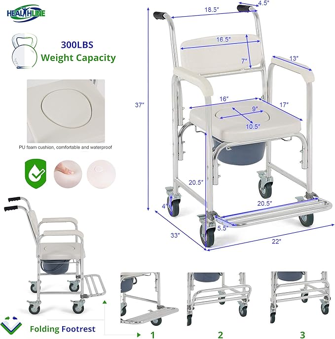 HEALTHLINE Shower Bedside Commode Chair Padded Seat With Wheels by Healthline, Medical Commode Toilet Rolling Shower Chair With Casters (4 Wheels Brakes), Commode Padded Backrest and Seat