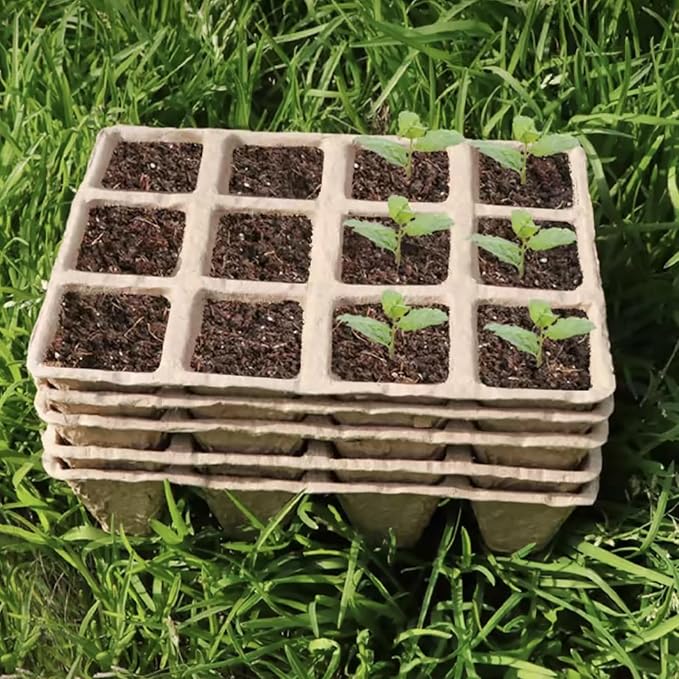 144 Cells Seed Entry Tray, 12 Packs Biodegradable Seedling Peat Pots, Organic Germinating Plant Entry Kit with 100 White Labels and 2 Planting Transplanters