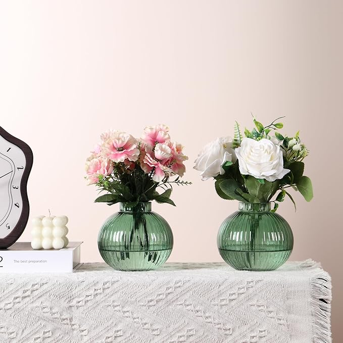Round Glass Vases, Set of 2 Small Vases for Flowers, Green Glass Vase for Tulips, Modern Vase for Living Room, Office, Coffee Table, Shelf, Wedding, 5 Inches