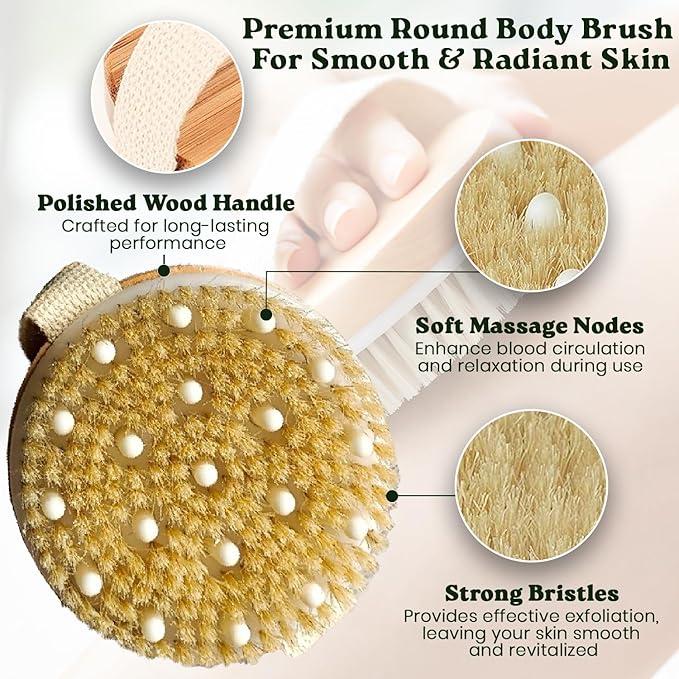 Large Dry Brushing Body Brush - Natural Boar Bristle Brush for Lymphatic Drainage, Cellulite, Blood Circulation - Skin Massage Nodes for Detox, Flawless Skin, Exfoliating Body Scrubber
