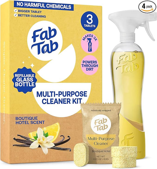 Fab Tab Multi Purpose Cleaner Cleaning Tablets, Eco-Concious Refillable Glass Bottle System with Boutique Hotel Scent, Safe For Family and Pets - Chemical-Free, Plastic-Free - 3 Count
