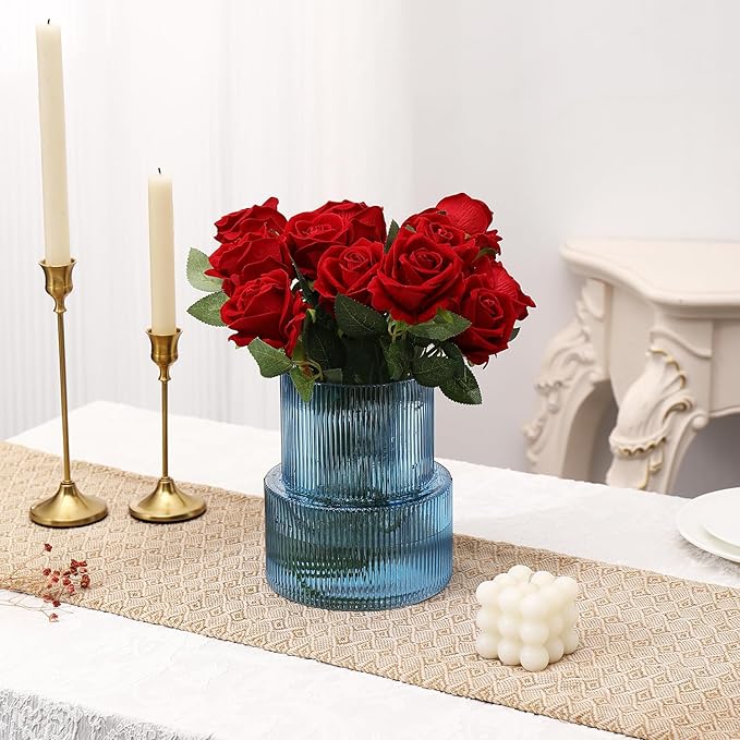 Blue Glass Vase, Ribbed Glass Vase, Fluted Glass Vase, Flower Vase for Bouquet, Ribbed Vase for Flowers, Blue Vase for Living Room, Dining Table, Entryway, Shelf, Wedding, Office,7.5 Inches