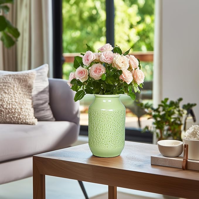 Green Ceramic Vase for Flowers, 9 inch Decorative Vase for Pampas Grass, Modern Texture Vases for Home Decor, Table Shelf Living Room Kitchen Living Room Decor