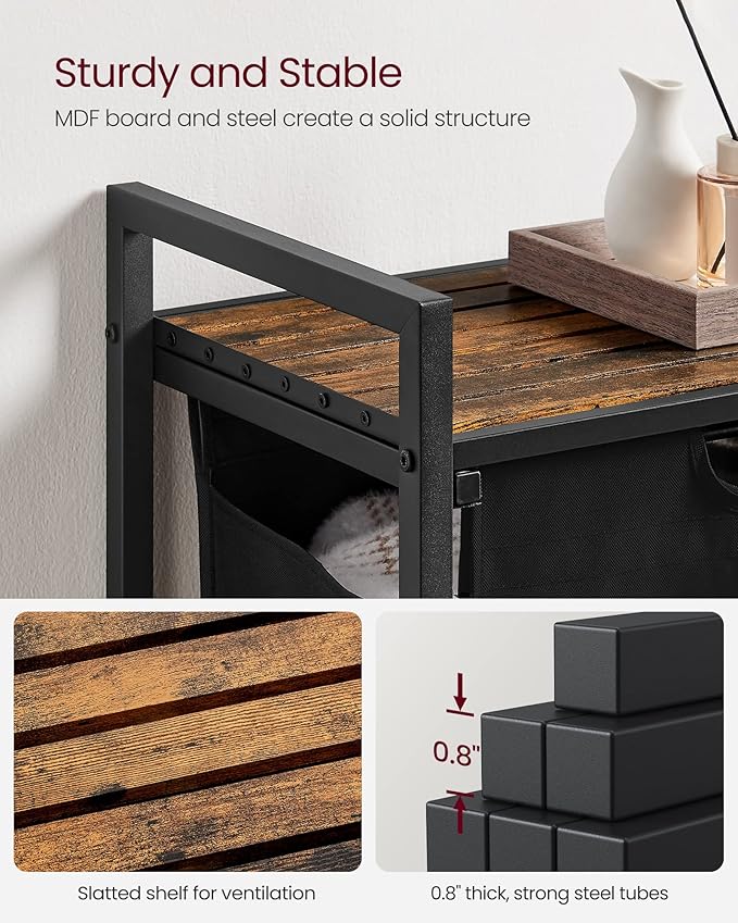 VASAGLE Laundry Hamper, Laundry Basket, Laundry Sorter with 2 Pull-Out and Removable Bags, Shelf, Metal Frame, 2 x 12.1 Gallons (46 L), 28.8 x 13 x 28.4 Inches, Ink Black and Rustic Brown UBLH201B01