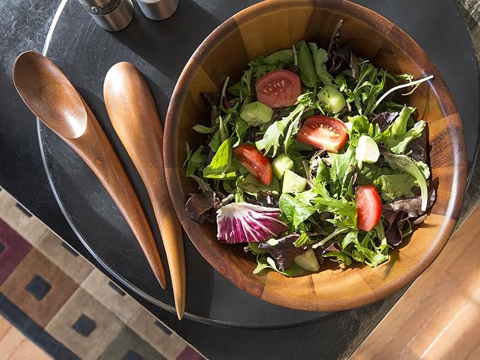 Nambé Harmony 3-Piece Salad Set – 12" Acacia Wood Serving Bowl with 12" Tongs – Designer Salad Bowl & Server Set for Dining, Entertaining & Kitchen Décor – Flowing Curves & Elegant Lines