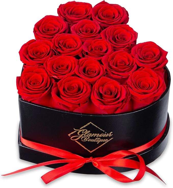 GLAMOUR BOUTIQUE 16 Flower Forever Heart Shape Box - Preserved Roses Gift for Her, Preserved Flowers, Red