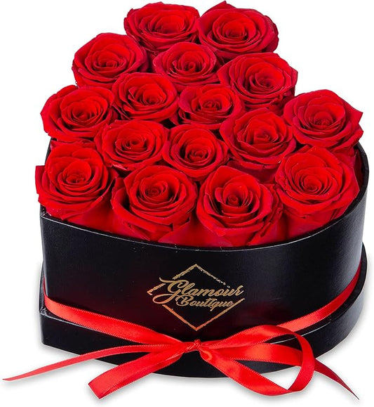 GLAMOUR BOUTIQUE 16 Flower Forever Heart Shape Box - Preserved Roses Gift for Her, Preserved Flowers, Red