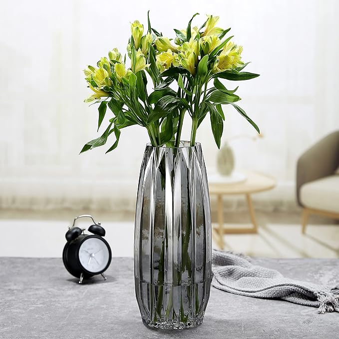 Black Grey Glass Vase with Modern Ribbed for Flowers, Candles, and Decorative Accents - Tall/Short Glass Vase for Centerpieces Home Table Decor(Grey H7.87inch)