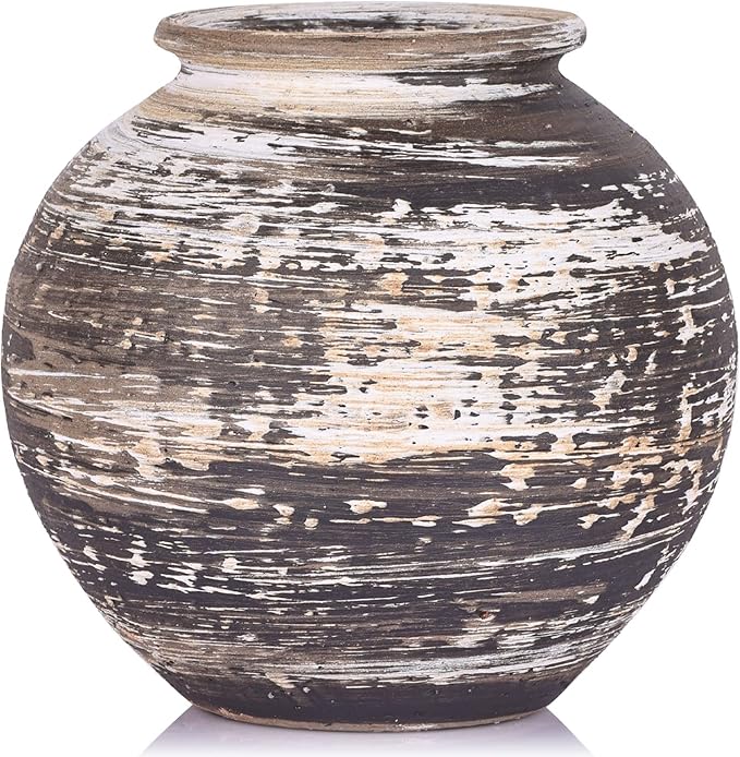 Rustic Terracotta Vase for Farmhouse Decor, Large Vintage Pottery Vases for Home, Wide Mouth Ceramic Vase for Living Room, Kitchen, Table Centerpieces, Modern Rustic Stone Vases